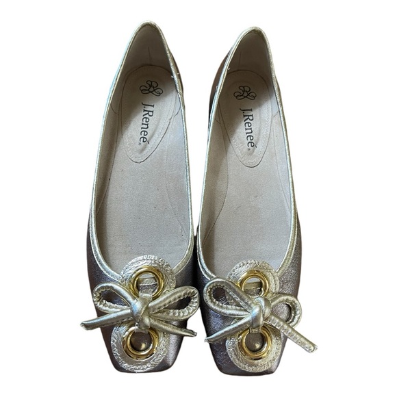 J.Renee Edie Metallic Leather Square Toe Bow Dress Flats. Color Taupe/Gold. 7M - Picture 1 of 11